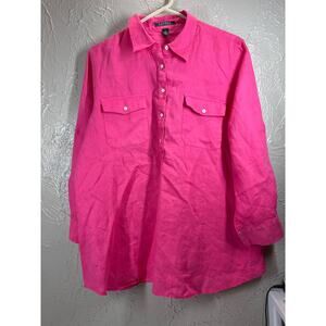 Lauren Ralph Lauren Linen Tunic Shirt Womens Pink 1/2 Button Roll Tab Sleeves XL
